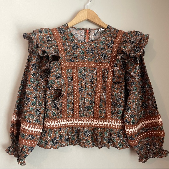 Veronica Beard Floral Printed Orange Weslayan Ruffle Blouse - Picture 6 of 8